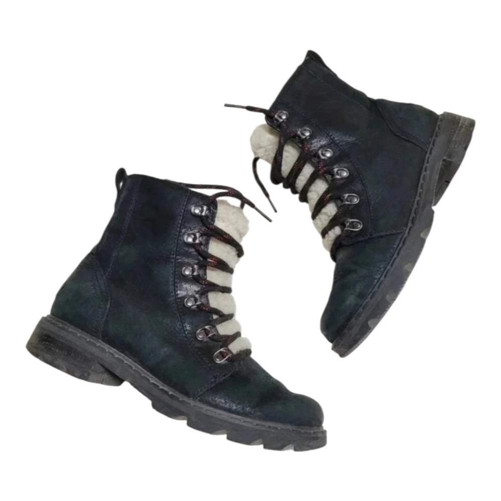 Sorel Lennox Black Leather Moto Combat Lace Up Lug Sole Boots Sherpa Size 8